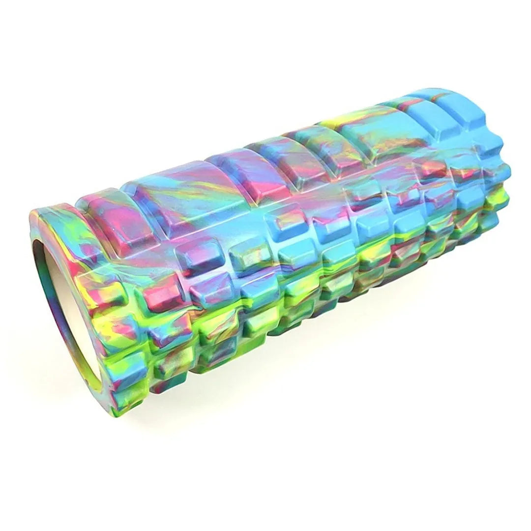 33cm camouflage pattern EVA foam roller in blue green yellow colour shown on gym floor