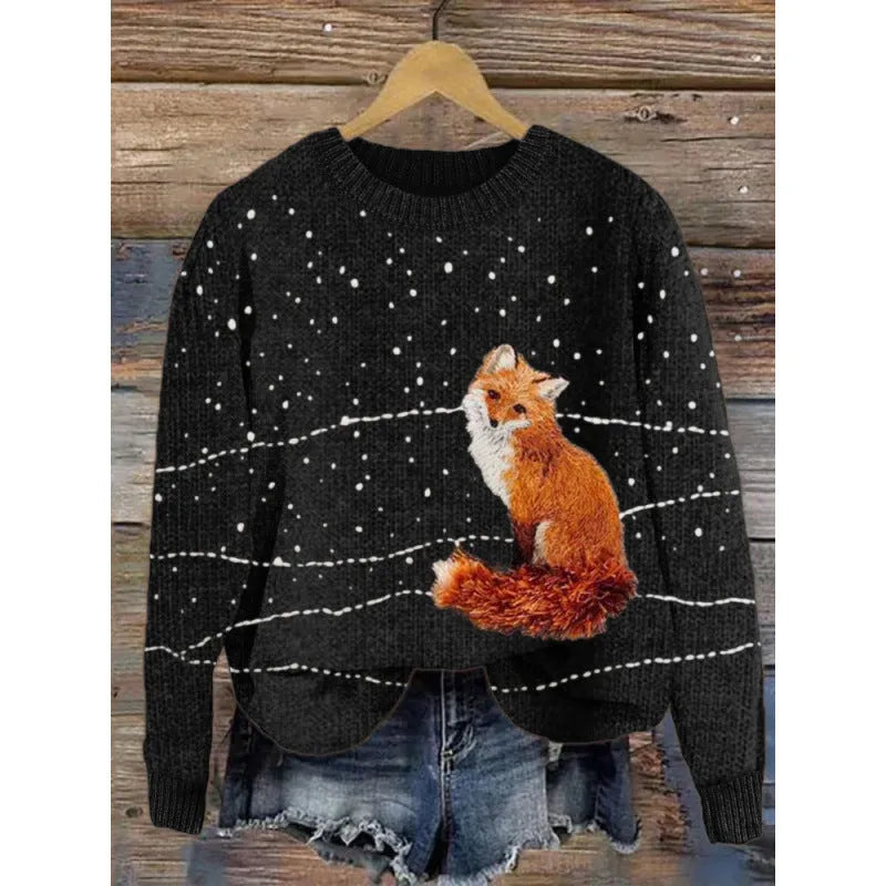 Little flower digital print on a round neck polyester sweater, shown on a hanger.