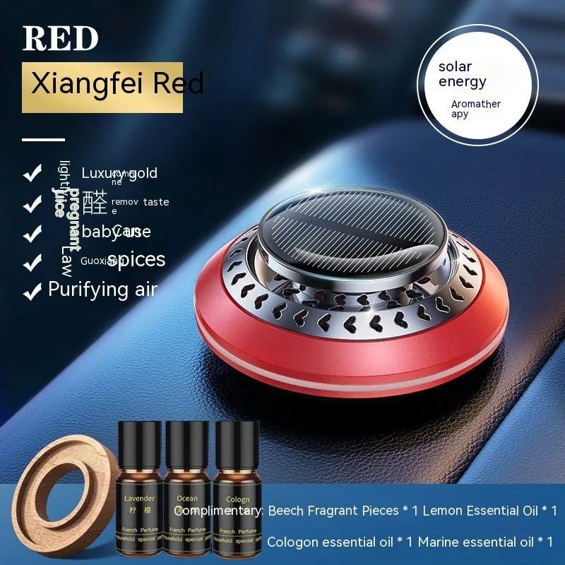 Solar-powered aluminium alloy car air freshener and purifier unit on a dashboard