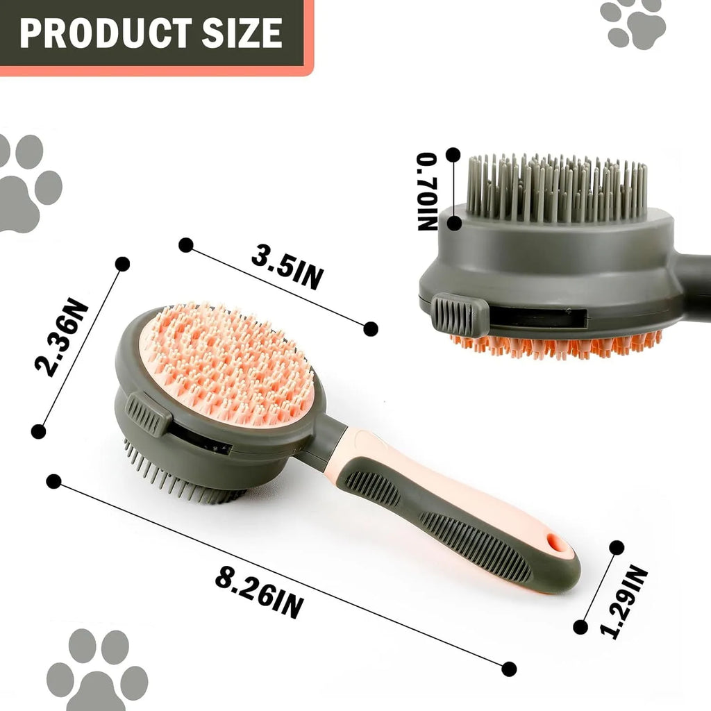 Green and pink reversible cat brush showing slicker brush side and flea comb side with release button