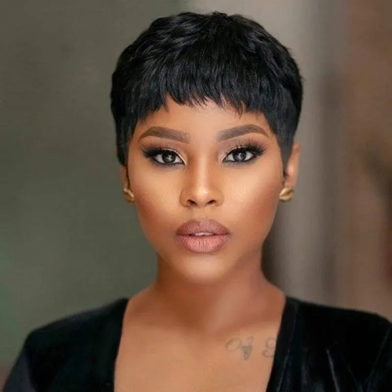 Short hair wig in black, lightweight chemical fiber mechanism headgear for women