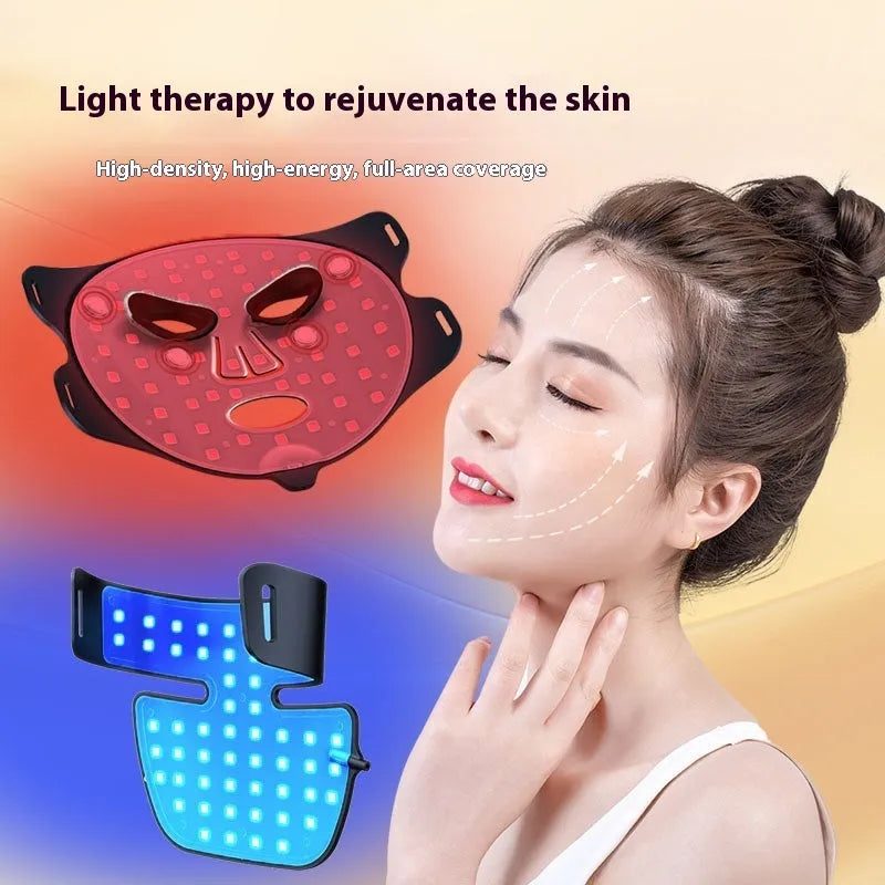 Black LED photon therapy mask with neck extension for facial skincare treatment