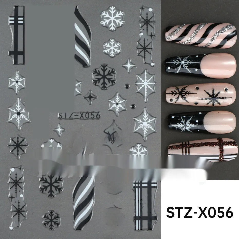 Sheet of black and silver strip nail art stickers with cartoon and love heart designs