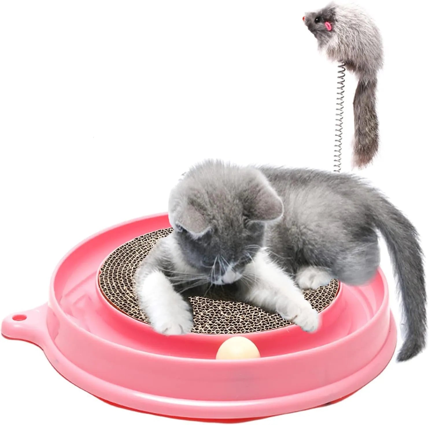 Round blue cat scratcher with ball track and corrugated cardboard surface