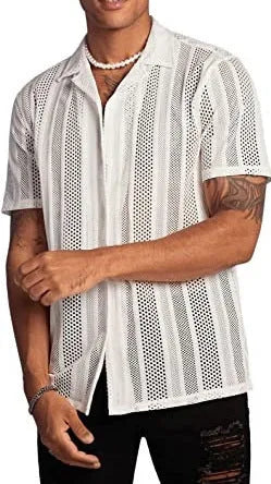 Men's black and white jacquard knitted short-sleeved cardigan shirt with button front