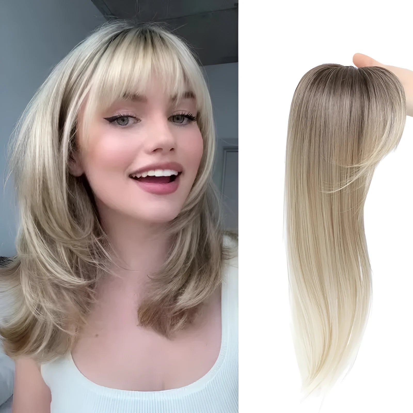 Synthetic clip-in hair extension wig with inner buckle fastening in one of six colour styles.