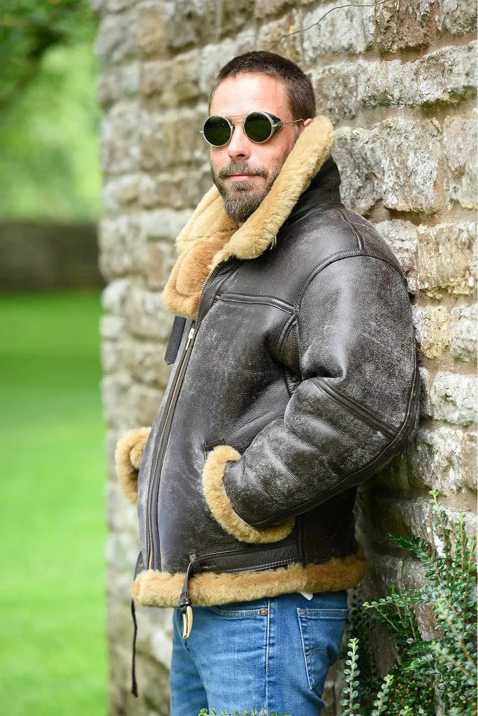 Brown synthetic leather fur coat for men with straight hem and side seam pockets