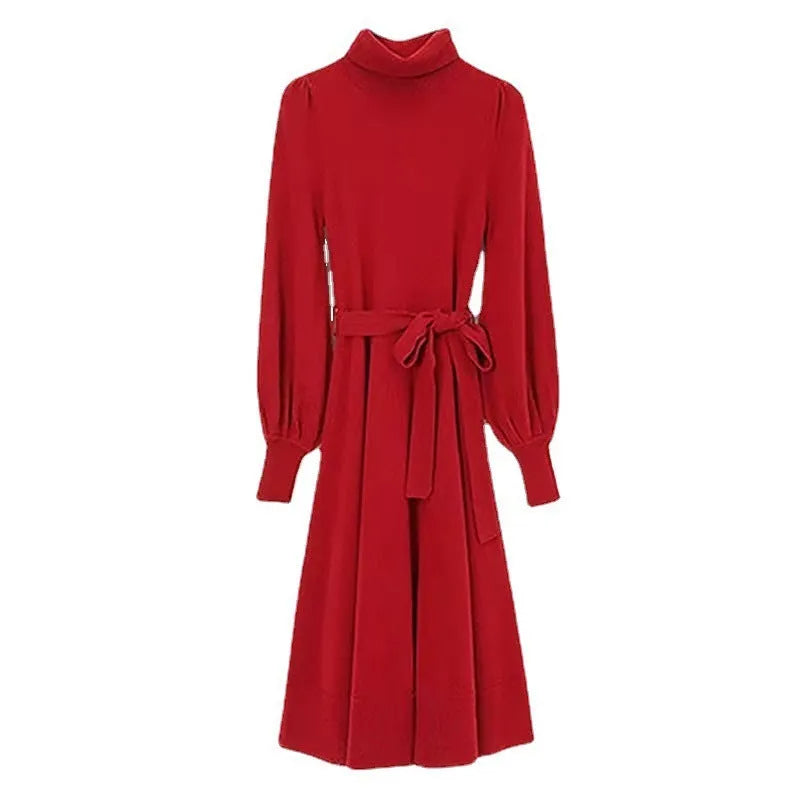 Turtleneck knitted dress with elastic waist and loose big hem in rose red colour