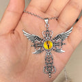 Geometric devil wings cross pendant necklace in alloy metal showing colour options