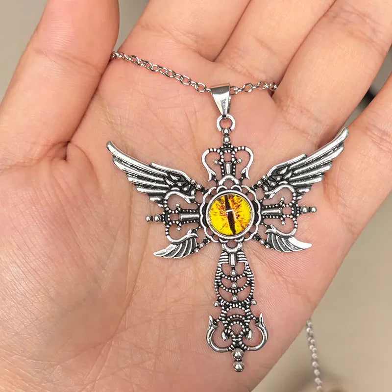Geometric devil wings cross pendant necklace in alloy metal showing colour options