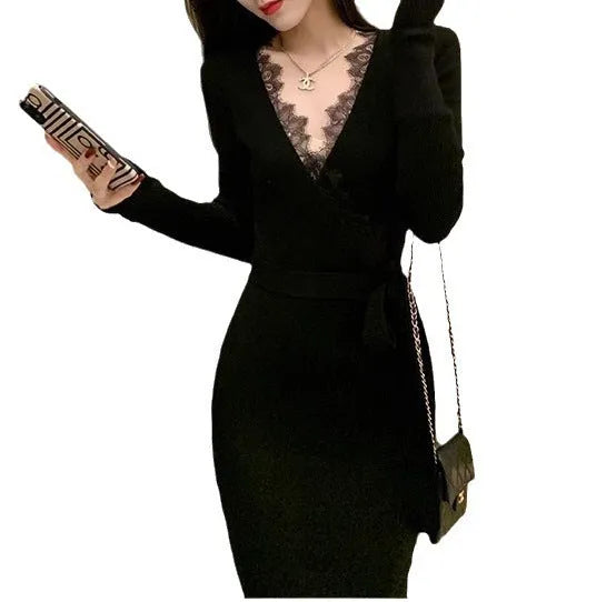Women's black slim fit woolen skirt with princess dress silhouette and free size design