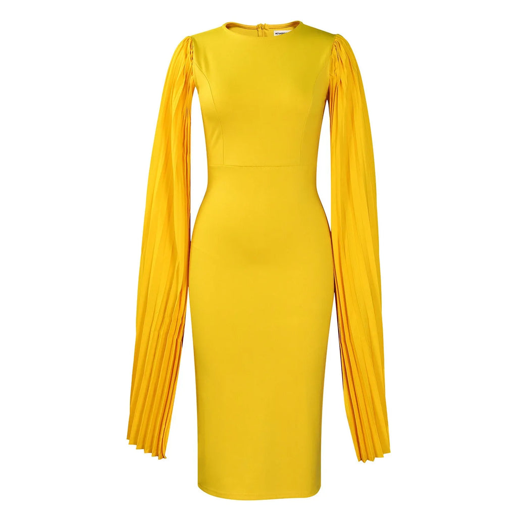 Yellow round neck evening gown with pleated shawl, long sleeves, and a high waist.