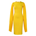 Yellow round neck evening gown with pleated shawl, long sleeves, and a high waist.