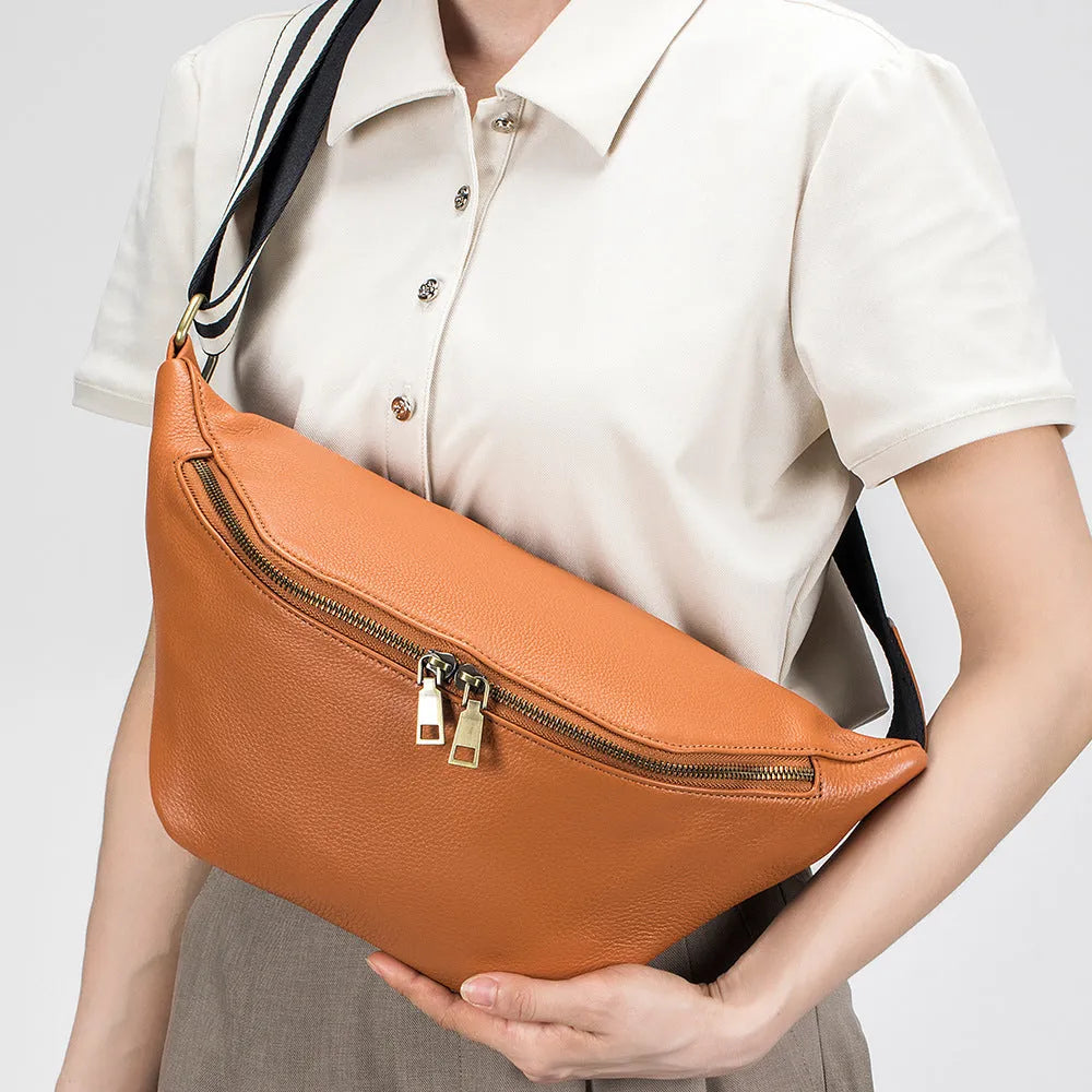 Genuine leather messenger bag waist bag first layer cowhide large capacity black brown white women casual shoulder bag