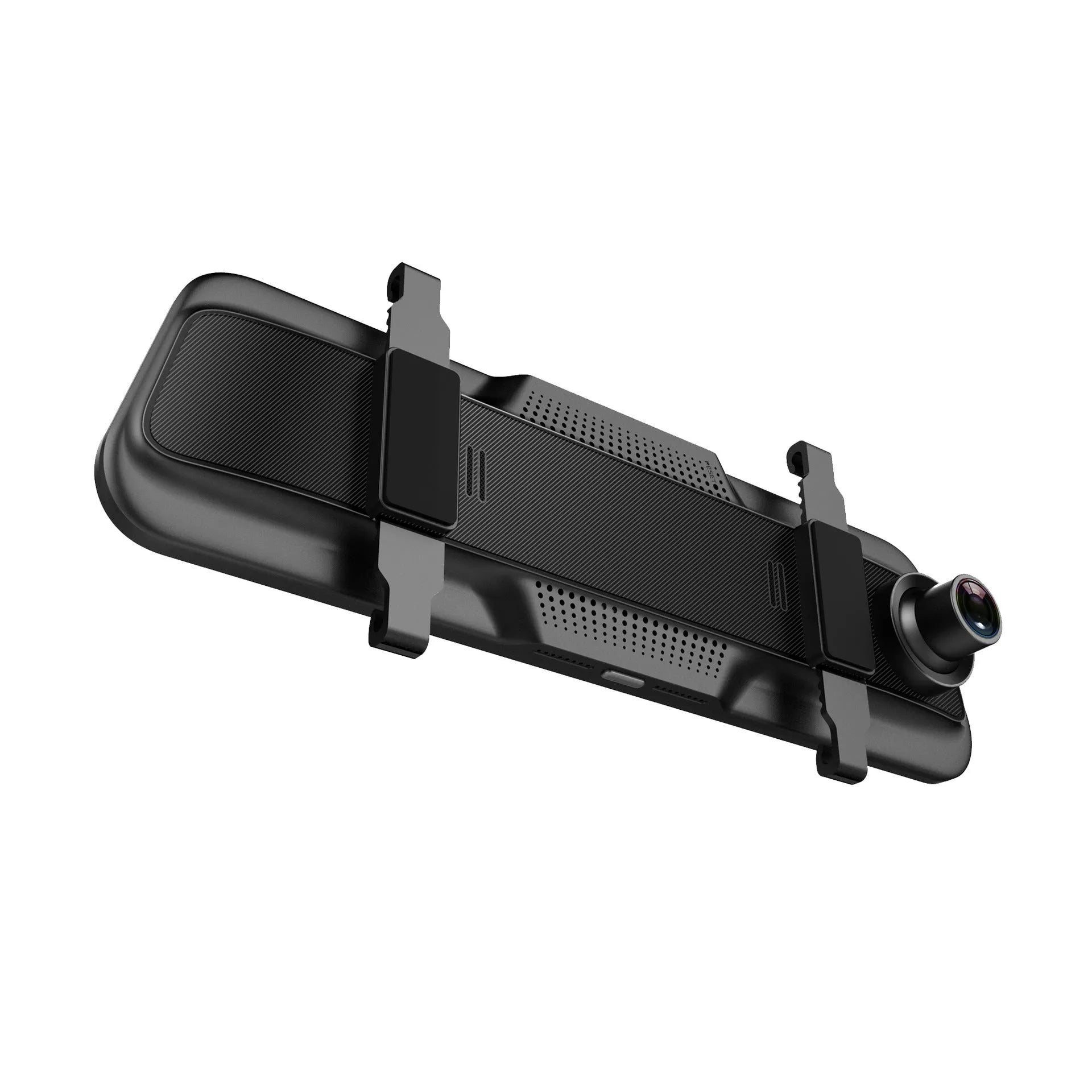 Black rearview mirror driving recorder with large touchscreen display mounted in a car