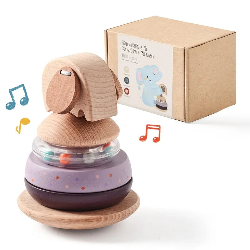 Baby wooden stacking post set of shapes with elephant bell colour option in cowhide box