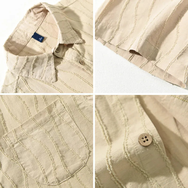 Man wearing a loose fit apricot coloured pure cotton short sleeve casual shirt
