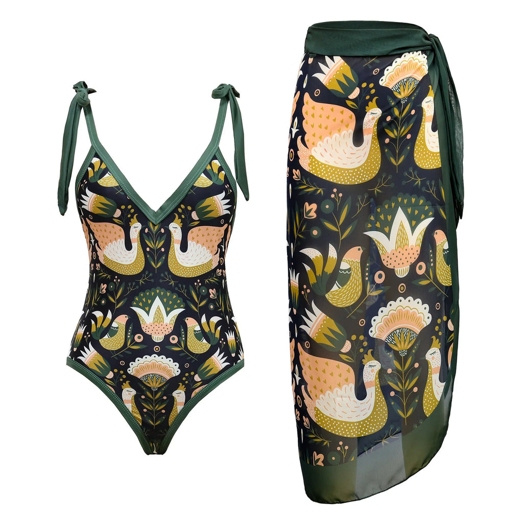 Solid colour women's one-piece swimsuit with spaghetti straps and a matching skirt.