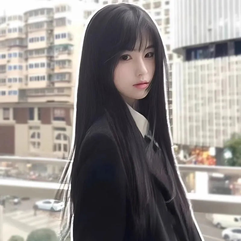 Black long straight synthetic wig with full bang fringe on mannequin head, showing brown-black colour option