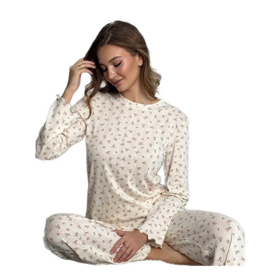 Women's white floral print matching set with bell sleeve top and wide leg trousers