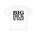 Men's white cottony polyester short sleeve T-shirt with letter print on front, round neck, laid flat on light background