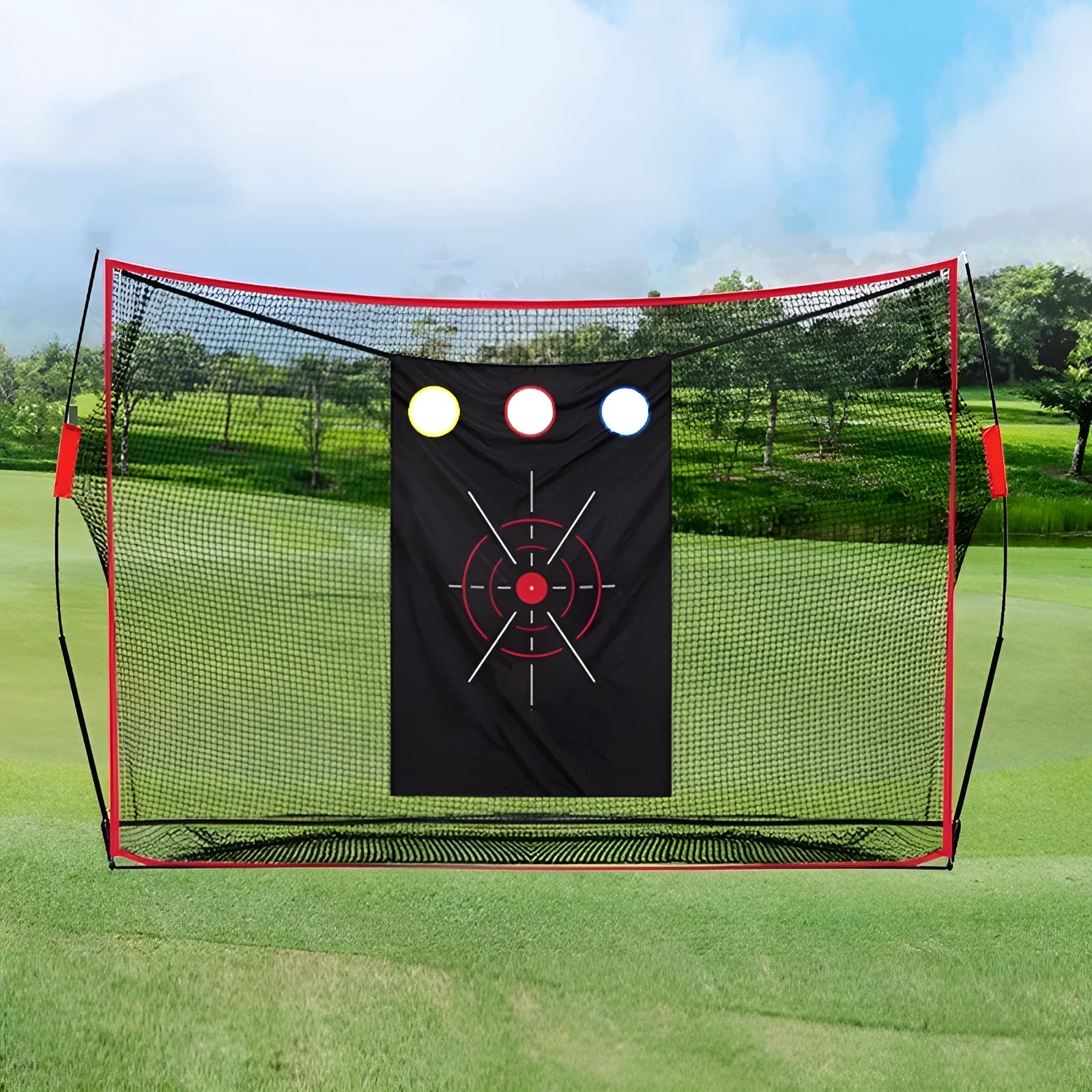 Golf swing wedge training net with 3-hole cross design and straw practice mat with practice balls and accessories