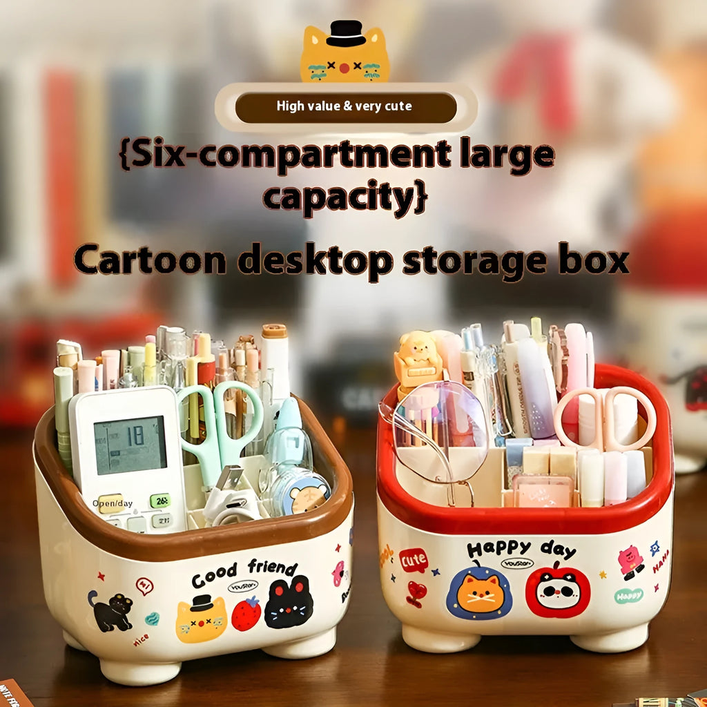 Cartoon-style red and brown plastic desktop storage box with grid compartments for organising pens and stationery.