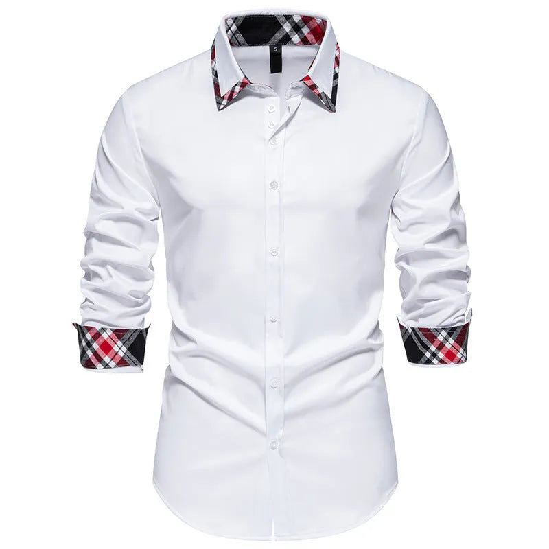 Men's triangle collar shirt with plaid contrast panels in polyester fibre