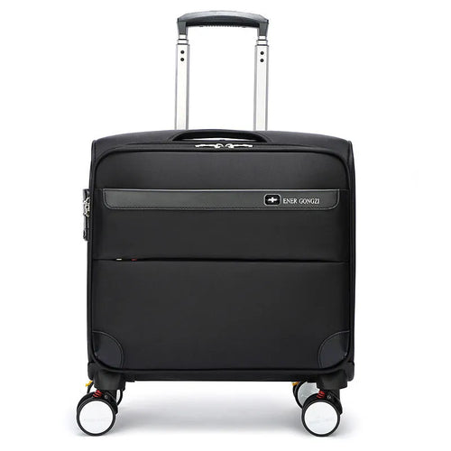 18 inch black Oxford cloth business travel suitcase with telescopic handle and universal wheels.