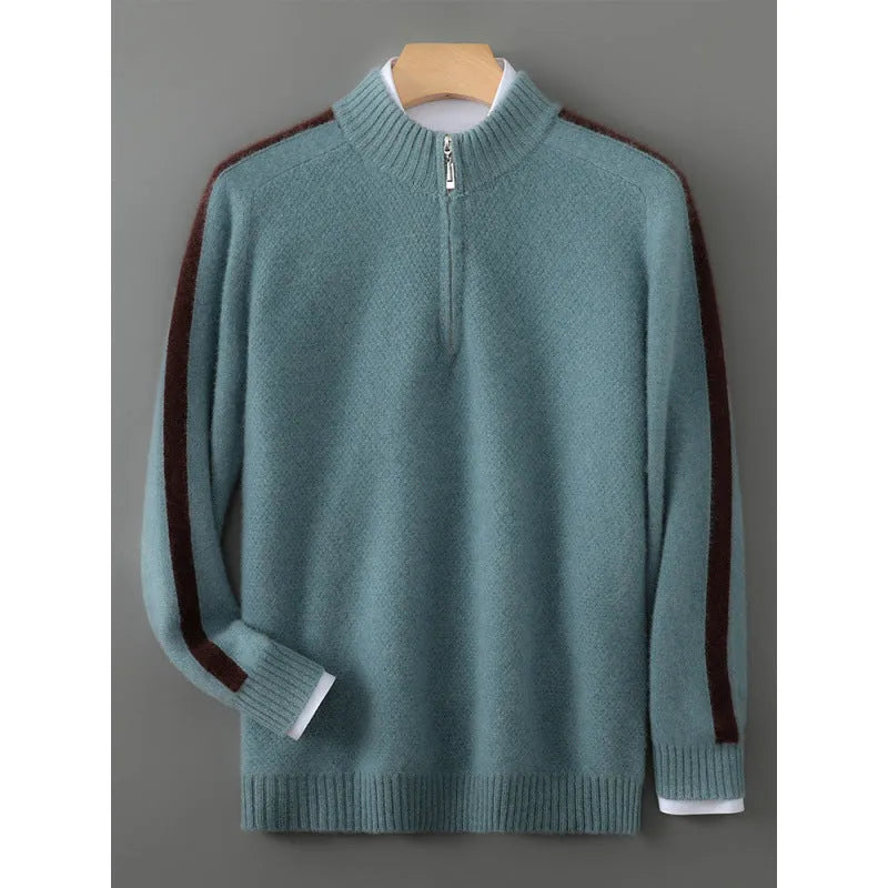 Half-zip round neck slim fit sheep wool knitted sweater in grey.