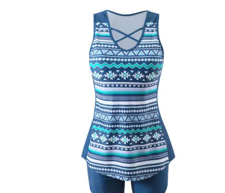 Women's blue floral lace two-piece swimsuit bikini set with matching shorts
