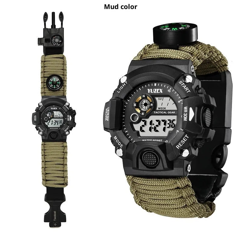Multifunctional survival bracelet watch with parachute cord strap, firestone, whistle, and compass on a wrist in outdoor setting