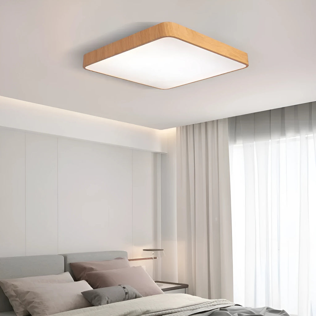Square Nordic LED ceiling light with iron frame and wood grain finish shown in three size options