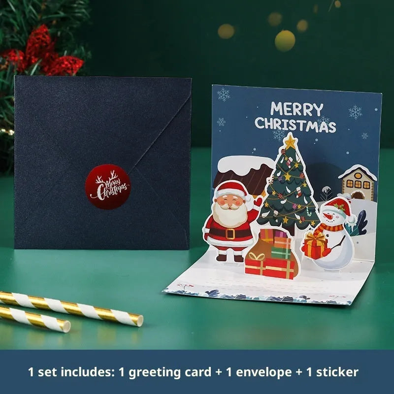 Three-dimensional blessing greeting card in fresh style, handmade from cardboard, with fold design on a flat surface