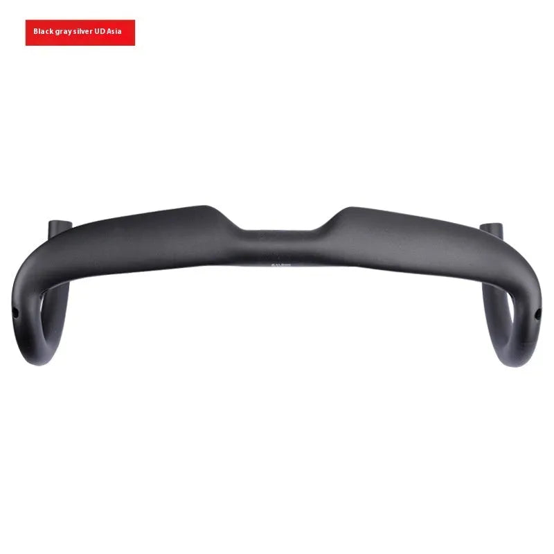 Carbon fibre road bicycle drop handlebar in Black Grey Silver UD pattern, shown in Matte and Bright finishes.