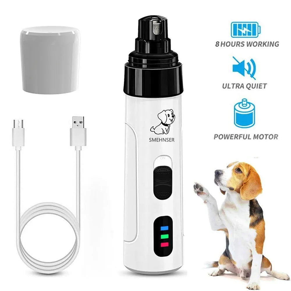 White and grey electric dog nail grinder with LED display showing speed settings and dust collection port