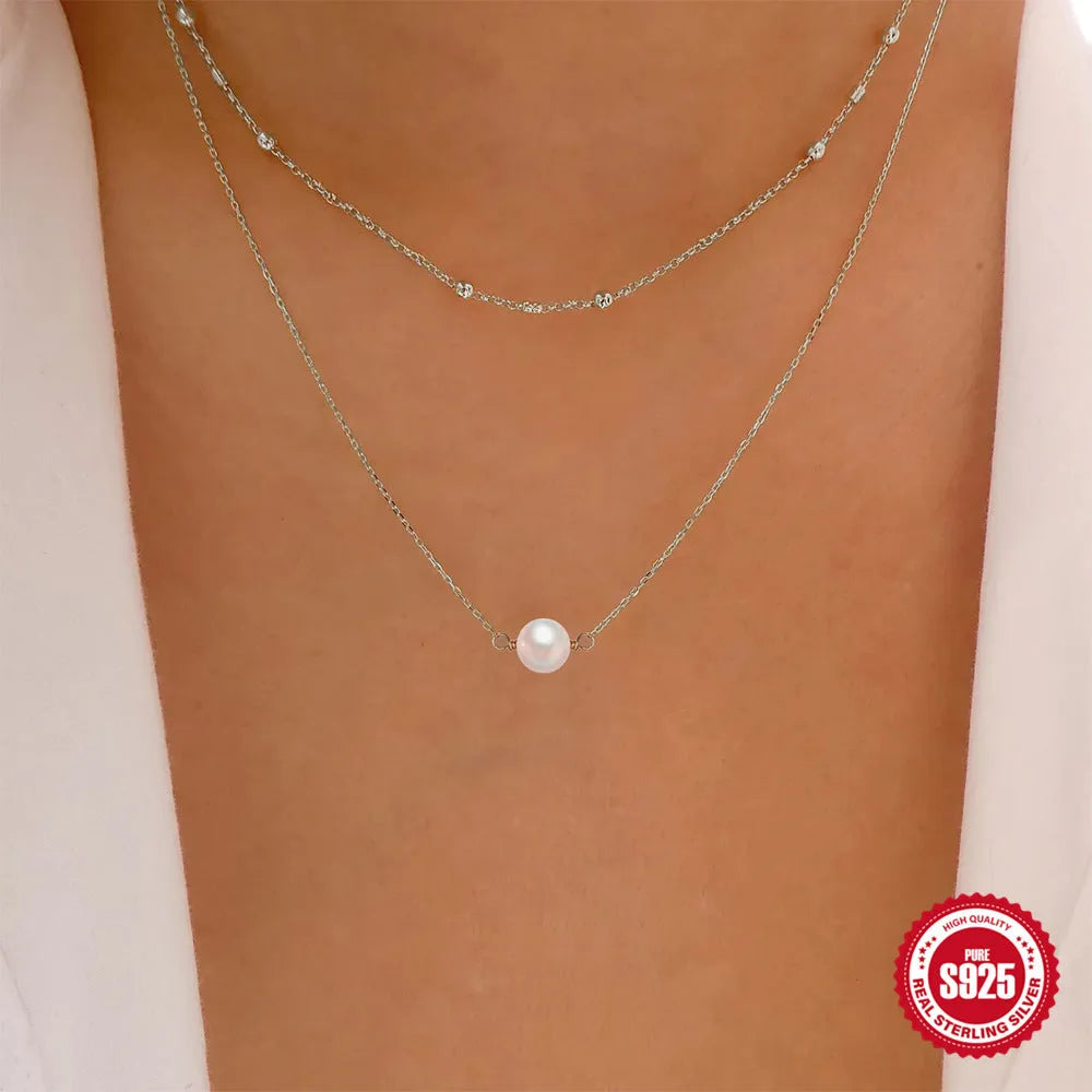 S925 sterling silver double layer twin pearl necklace in geometric design with ball bead chain