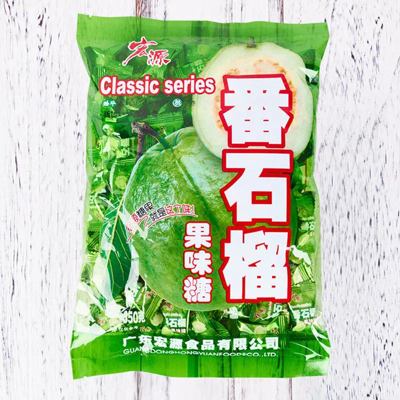 Bag of assorted hard candies: guava, plum, and tangerine peel flavours.
