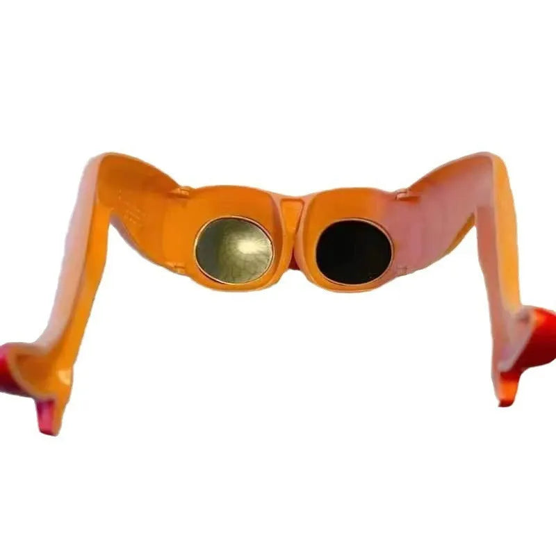 Orange plastic novelty sunglasses with a distinctive leg hip design on the frame.