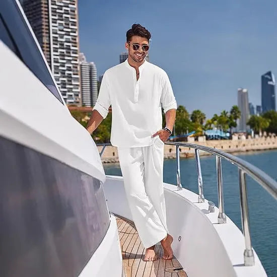 Men's casual cotton trousers suit in a solid colour, showing long sleeve top and matching trousers