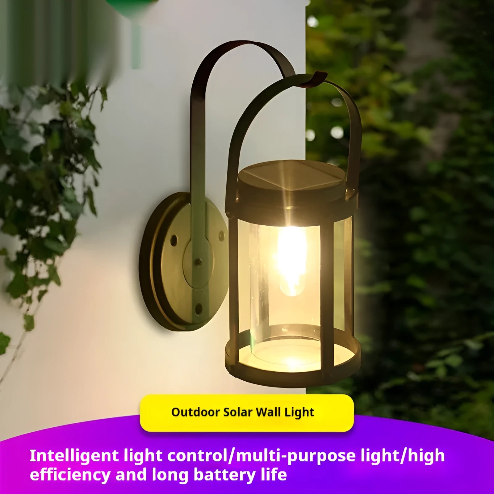 Solar portable outdoor courtyard decorative lamp with aluminium shell, warm white light, and IP44 rating on a garden wall