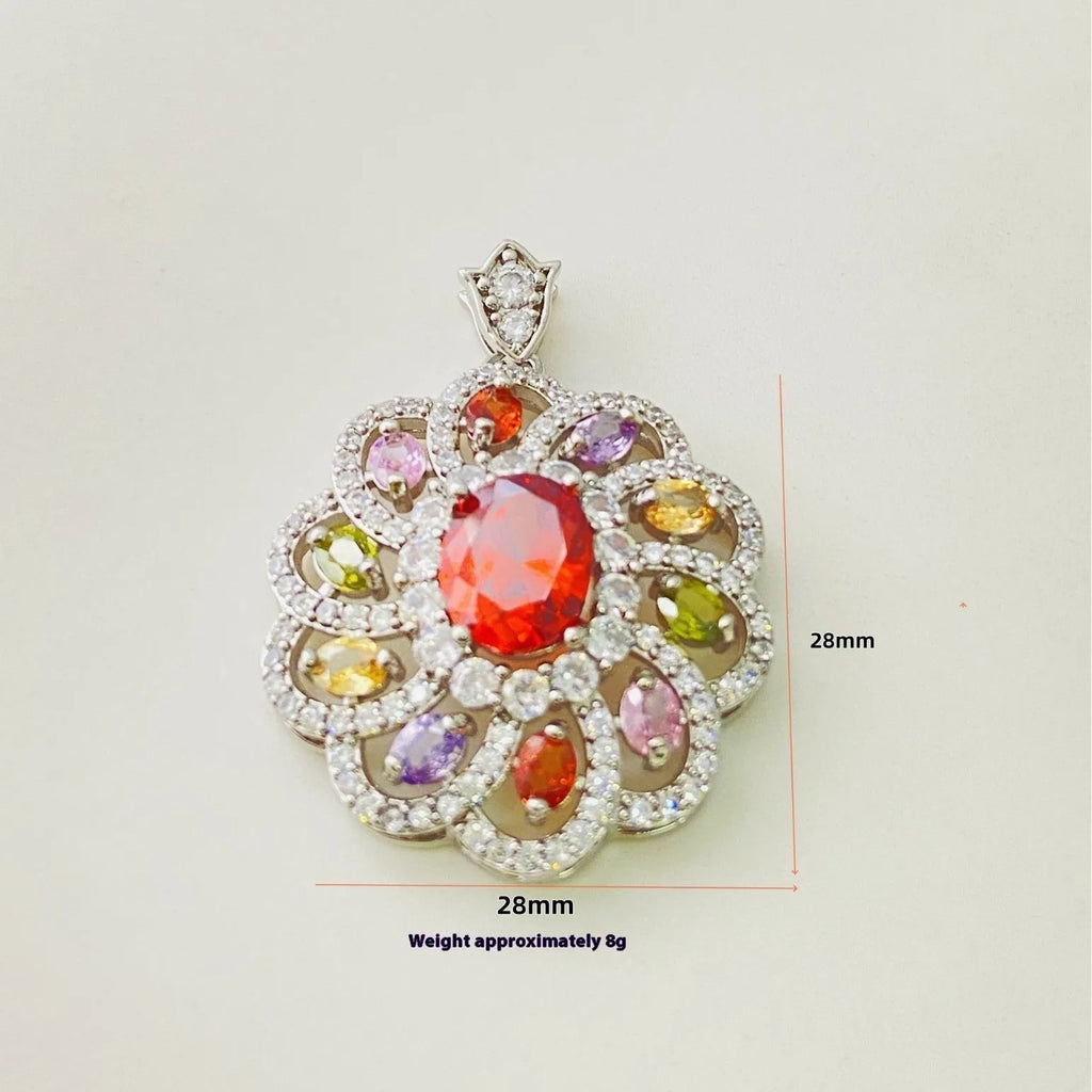 Women's colourful zircon flower pendant necklace with electroplated metal finish