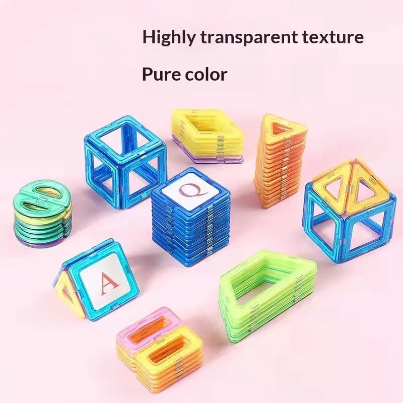 Magnetic building blocks set of plastic tiles in assorted colours for children ages 3-6