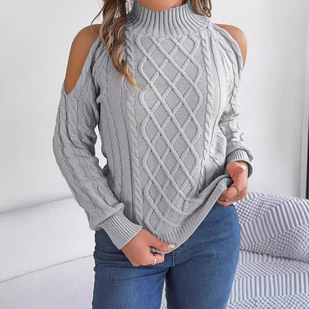 Women's grey strapless acrylic sweater with twisted pattern, half-high collar, and long lantern sleeves