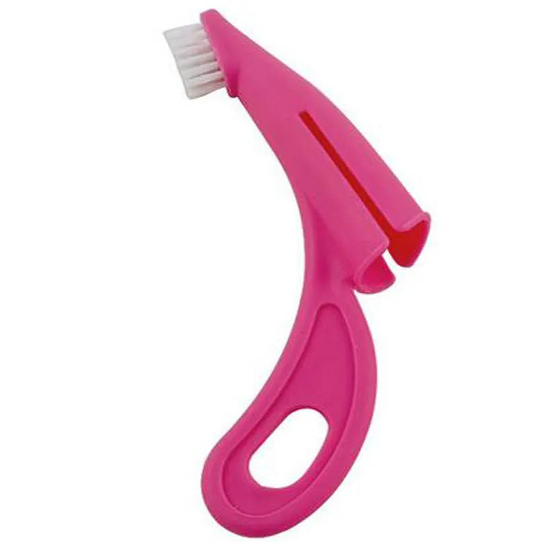 Red and white finger toothbrush for pet dental cleaning with soft silicone bristles