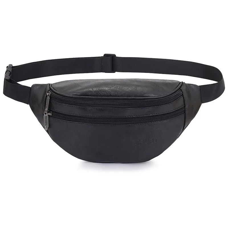Retro PU leather casual men's waist bag in black, brown, and red colours for daily matching