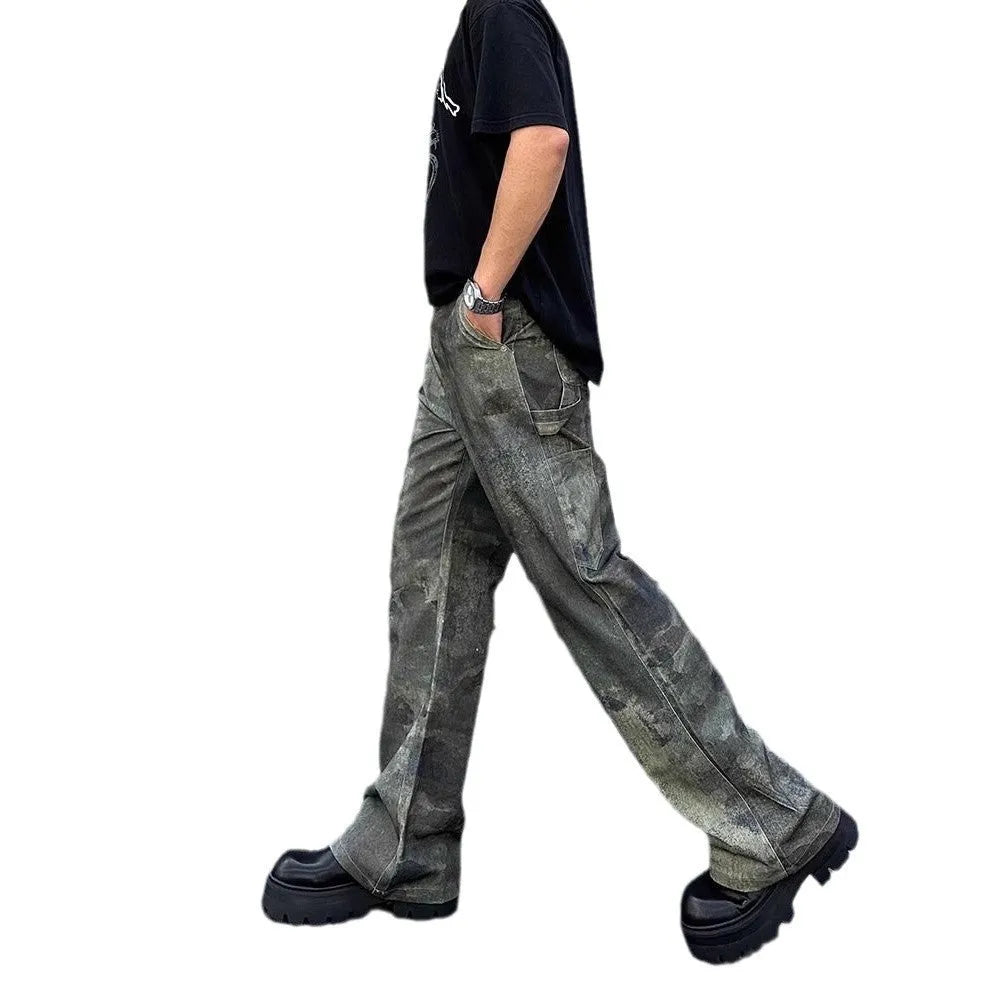 Men's retro digital camouflage denim jeans with straight leg cut and mid waist design