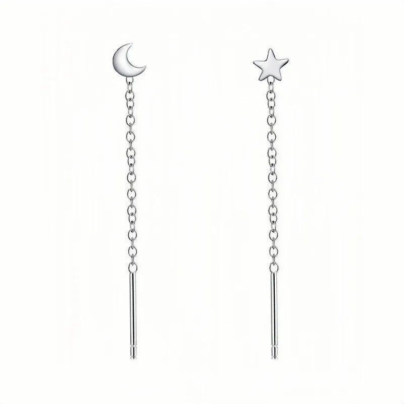 Long sterling silver needle ear string with a choice of geometric or pearl pendants for women.