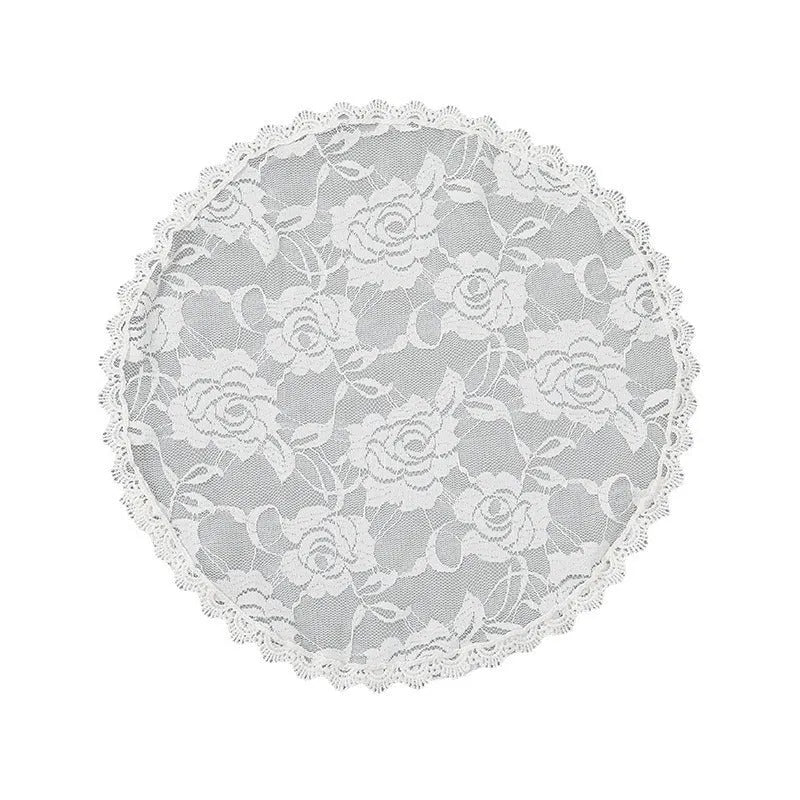 Round white bridal head cover with floral decoration measuring 30cm diameter