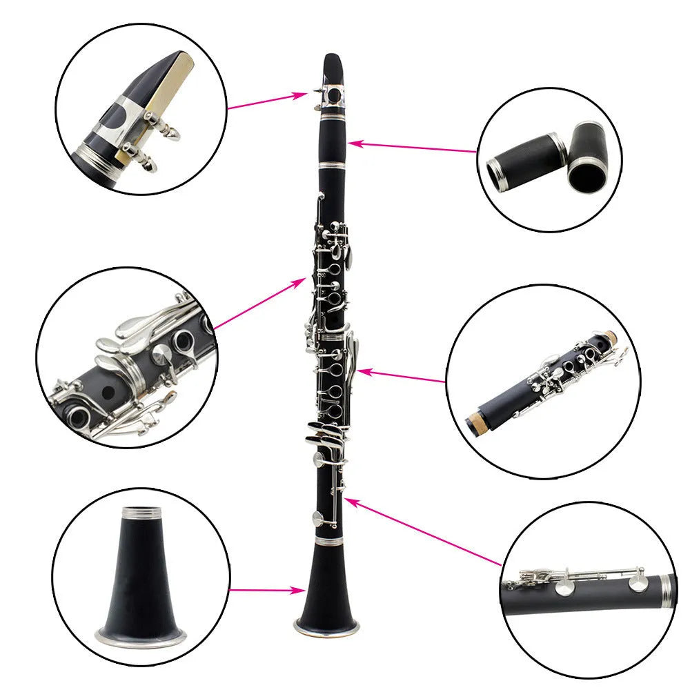 Black Bakelite beginner clarinet with 17 nickel-plated keys and a carrying bag.